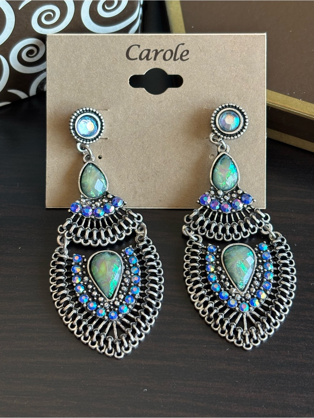 Stunning Green and Blue Iridescent Filigree Drop Earrings